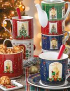 Easy Life Комплект от 4 порцеланови чаши 110 мл с бамбукови чинийки "Festive
