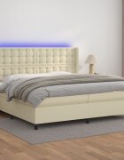 vidaXL Боксспринг легло с матрак LED кремаво 200x200см изкуствена кожа