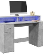 vidaXL Бюро с LED бетонно сиво 140x55x91 см инженерно дърво