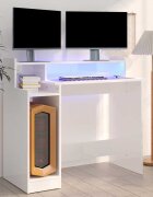 vidaXL Бюро с LED осветление бял гланц 97x45x90 см инженерно дърво