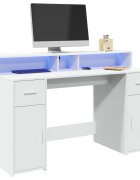vidaXL Бюро с LED осветление бяло 140x55x91 см инженерно дърво