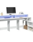 vidaXL Бюро с LED осветление бяло 200x104x91 см инженерно дърво