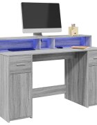 vidaXL Бюро с LED осветление сив сонома 140x55x91см инженерно дърво