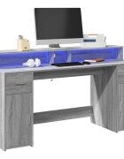vidaXL Бюро с LED осветление сив сонома 160x55x91см инженерно дърво