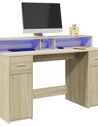 vidaXL Бюро с LED осветление сонома дъб 140x55x91см инженерно дърво