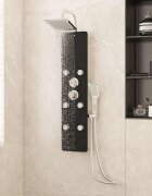 vidaXL Душ панел стъклен 25x475x130 см черен