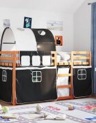 vidaXL Двуетажно легло със завеси бяло и черно 90x200 см бор масив
