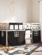 vidaXL Двуетажно легло със завеси бяло и черно 90x200 см бор масив