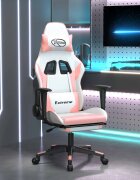 vidaXL Гейминг стол с опора за крака Бял и Розов изкуствена кожа