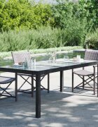 vidaXL Градинска маса черна 190x90x75 см закалено стъкло и полиратан