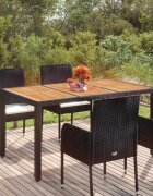 vidaXL Градинска маса с дървен плот черна 150x90x75 см полиратан