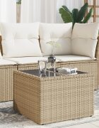 vidaXL Градинска маса със стъклен плот бежов 55x55x37 см полиратан