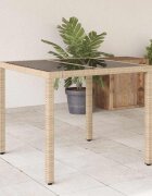 vidaXL Градинска маса със стъклен плот бежова 90x90x75 см полиратан