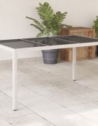 vidaXL Градинска маса със стъклен плот бяла 150x90x75 см полиратан