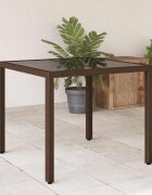 vidaXL Градинска маса със стъклен плот кафява 90x90x75 см полиратан