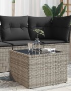vidaXL Градинска маса със стъклен плот сива 55x55x37 см полиратан