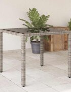 vidaXL Градинска маса със стъклен плот сива 90x90x75 см полиратан