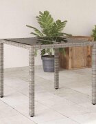 vidaXL Градинска маса със стъклен плот сива 90x90x75 см полиратан
