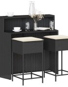 vidaXL Градински бар комплект от 3 части с възглавници черен полиратан