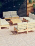 vidaXL Градински лаундж комплект с кремави възглавници 9 части бор