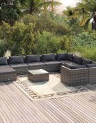 vidaXL Градински лаундж комплект с възглавници 11 части полиратан сив