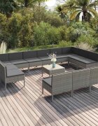 vidaXL Градински лаундж комплект с възглавници 14 части полиратан сив