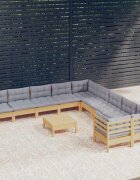 vidaXL Градински лаундж комплект със сиви възглавници 11 части бор