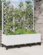 vidaXL Градински сандък с решетка и колела Бяло 120 x 40 x 146 см ПП