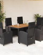 vidaXL Градински трапезен комплект 7 части възглавници черен полиратан