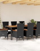 vidaXL Градински трапезен комплект възглавници 9 части черен полиратан