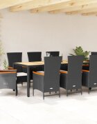 vidaXL Градински трапезен комплект възглавници 9 части черен полиратан