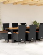 vidaXL Градински трапезен комплект възглавници 9 части черен полиратан