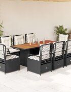 vidaXL Градински трапезен комплект възглавници 9 части черен полиратан