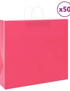 vidaXL Хартиени торбички 50 бр с дръжки розови 54x15x49 см