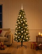 vidaXL Изкуствена коледна елха с топки 120 см 150 LED светодиода