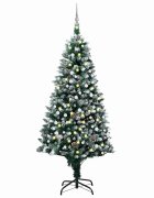 vidaXL Изкуствено коледно дърво с LED светлини и комплект топки и шишарки 210 см