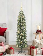 vidaXL Изкуствено Тънко Коледно Дърво Зелен и бял 150 cm