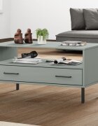 vidaXL Кафе маса с метални крака сива 85x50x45 см масивно дърво OSLO