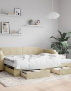 vidaXL Канапе с изтеглящо легло и чекмеджета кремаво 100x200 см плат