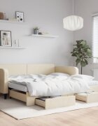 vidaXL Канапе с изтеглящо легло и чекмеджета кремаво 100x200 см плат