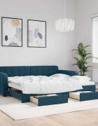 vidaXL Канапе с изтеглящо легло и чекмеджета синьо 90x200 см кадифе