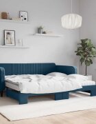 vidaXL Канапе с изтеглящо легло и матраци синьо 100x200 см кадифе