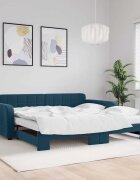 vidaXL Канапе с изтеглящо легло и матраци синьо 100x200 см кадифе