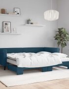 vidaXL Канапе с изтеглящо легло и матраци синьо 90x200 см кадифе