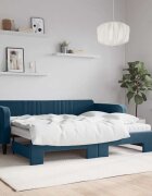 vidaXL Канапе с изтеглящо легло и матраци синьо 90x200 см кадифе