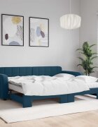 vidaXL Канапе с изтеглящо легло и матраци синьо 90x200 см кадифе