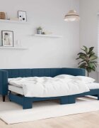 vidaXL Канапе с изтеглящо легло и матраци синьо 90x200 см кадифе