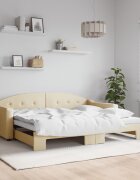 vidaXL Канапе с изтеглящо разтегателно легло кремаво 90x200 см плат