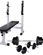 vidaXL Комплект лежанка със стойка за лост щанга и дъмбели 605 кг