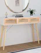 vidaXL Конзолна маса бяла 105x30x75 см бор масив и естествен ратан